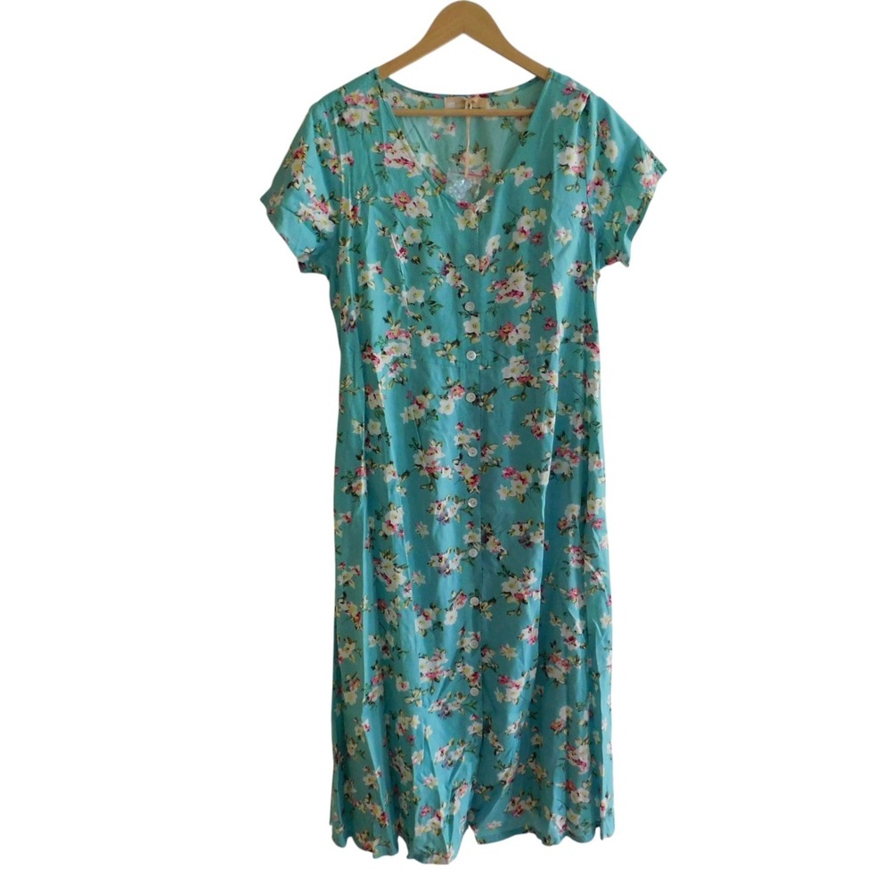 NEW La Cera Long Pencil Shirt Dress Rayon Button Front Floral Short Sleeve Large